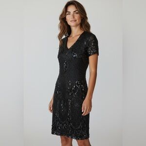 Stenay Vintage 80s Black Silk Beaded Sequin Midi Cocktail Party Small Gatsby